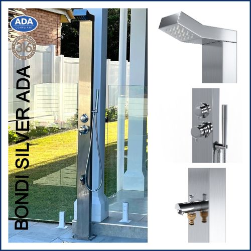 Bondi Silver ADA 316 Marine Grade Stainless Steel Outdoor Shower Complete Shower System Tower Panel