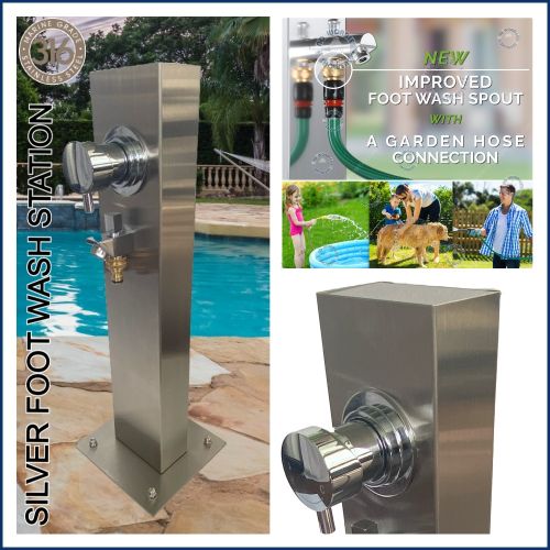 Silver Outdoor Foot Wash Station 316 Marine Grade Stainless Steel, with a Garden Hose Connection & Hot & Cold Mixer
