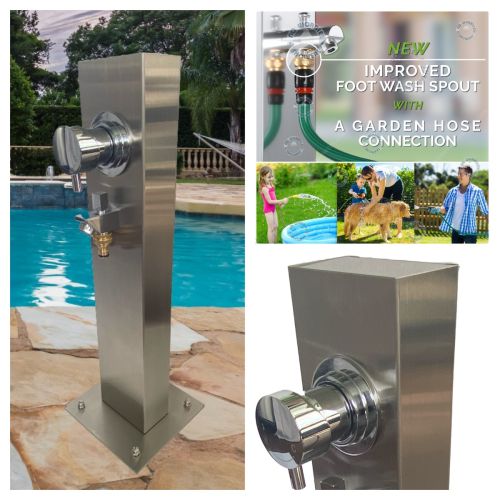 Silver Outdoor Foot Wash Station 316L Marine Grade Stainless Steel, with a Garden Hose Connection & Hot & Cold Mixer