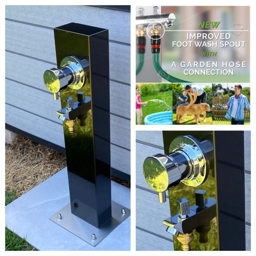Black Outdoor Foot Wash Station 316L Marine Grade Stainless Steel, with a Garden Hose Connection & Hot & Cold Mixer
