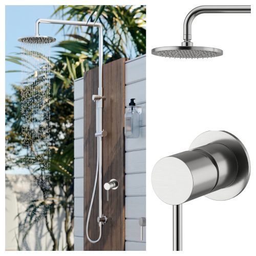 Delta 316L Marine Grade Stainless Steel Wall Mounted Outdoor / Indoor Shower Rail, 2 in 1 with Hot & Cold Mixer Valve and Hand Shower Wand Package