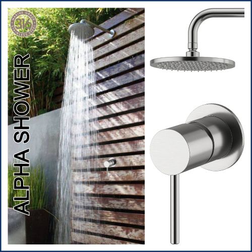 Alpha Outdoor 316 Stainless Steel Marine Grade Wall Mounted Shower Arm, Shower Head & a Hot and Cold Washer-less Mixer Shower Set