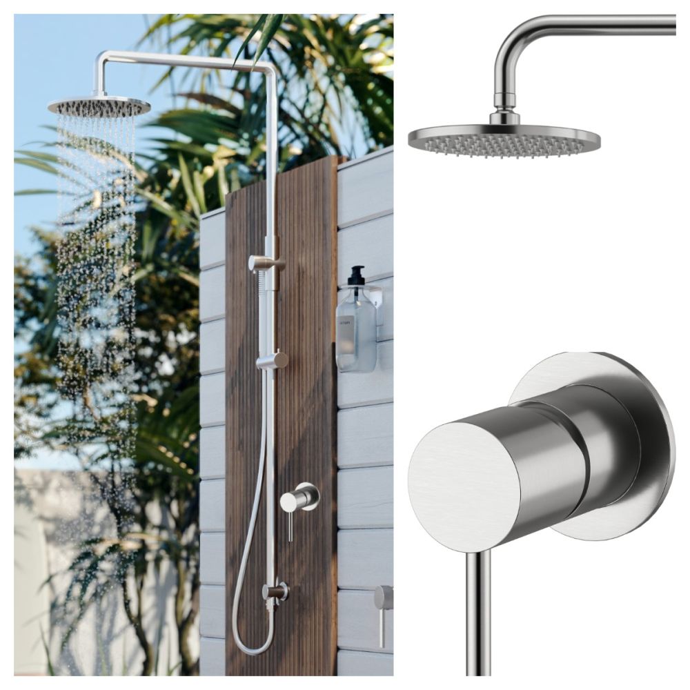 Delta 316L Marine Grade Stainless Steel Wall Mounted Outdoor / Indoor Pool Shower Rail, 2 in 1 with Hot & Cold Mixer Valve and Hand Shower Wand Package