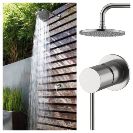 DEAL OF THE WEEK / Alpha Outdoor 316L Stainless Steel Marine Grade Wall Mounted Shower Arm, Shower Head & a Hot and Cold Washer-less Mixer Shower Set